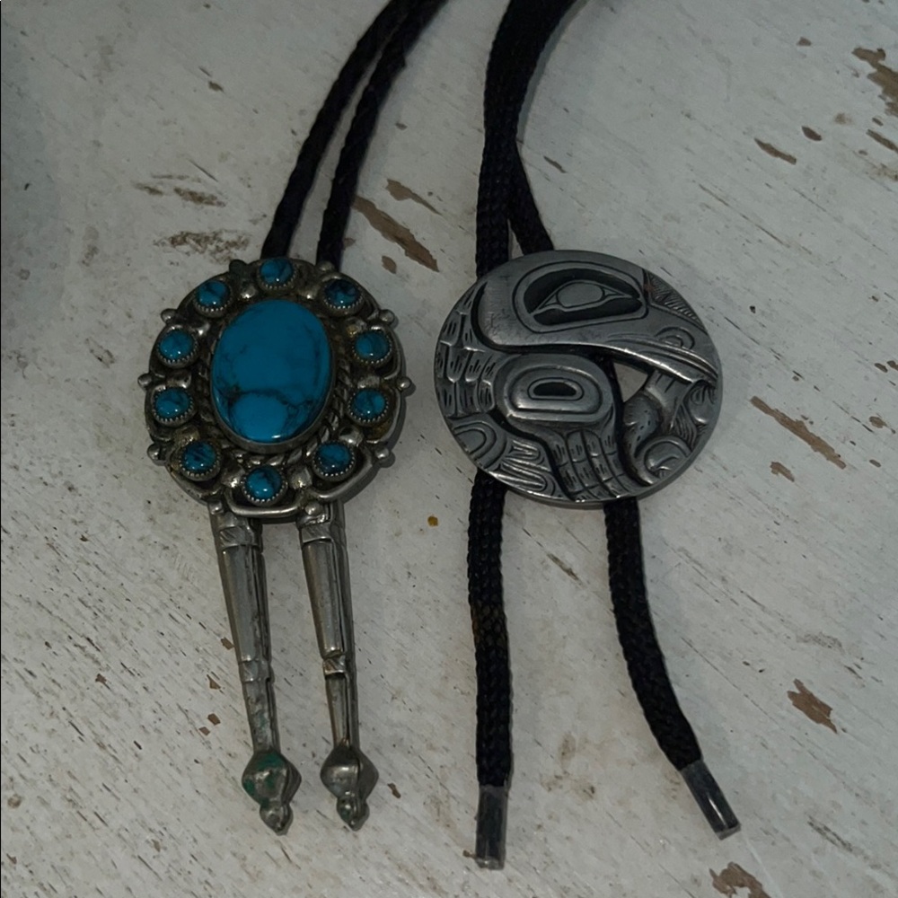 2 Vintage Western Bolo tie nickel silver faux turquoise & pewter Frederick